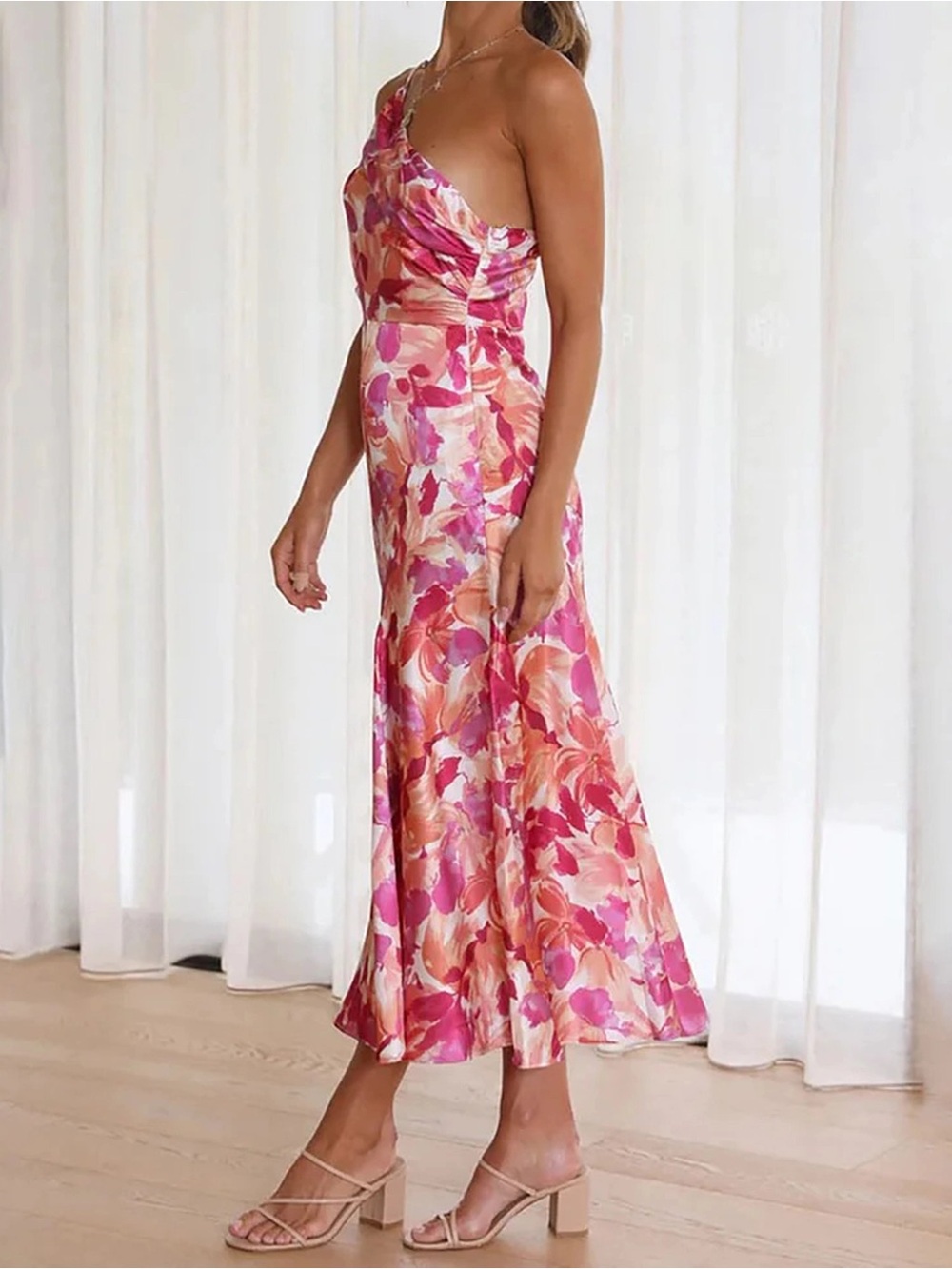 Hello Molly One-Shoulder Pink & Peach Floral Midi Dress - Picture 6 of 8